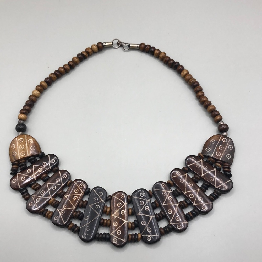 Vintage artisan handmade carved bone tribal bib necklace boho statement festival